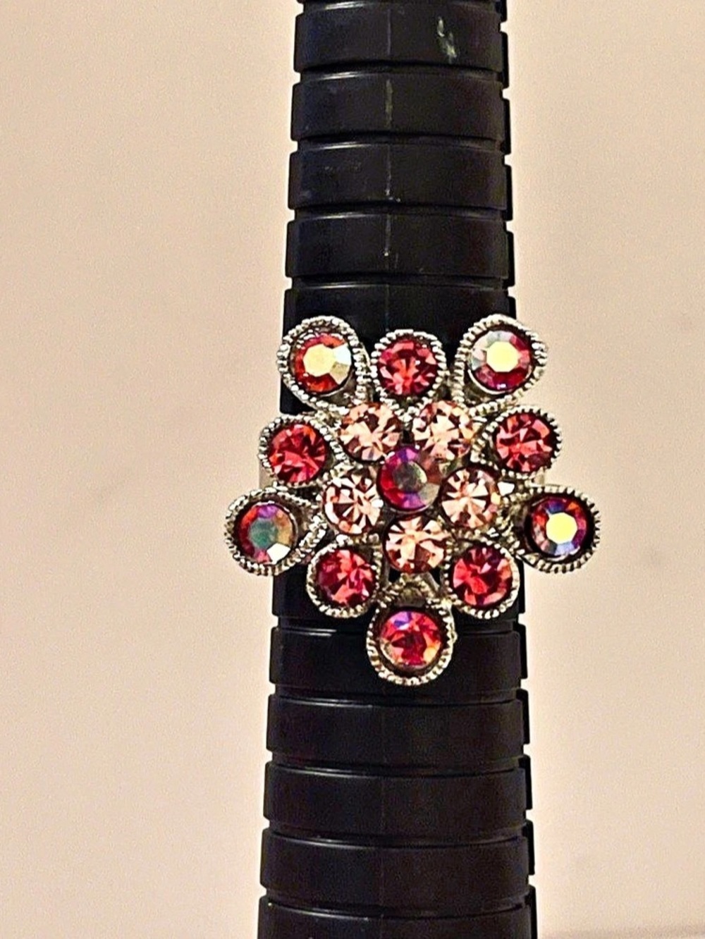 Vintage Floral Crystal Adjustable Ring - New